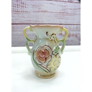 Vintage Double Loop Handled Floral Vase Lusterware Brasil
